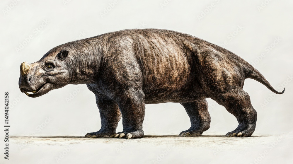 Fototapeta premium Highly detailed realistic model of a prehistoric mammal resembling a large armored mammal with a robust body, short legs, thick skin, and a horned head on a plain background