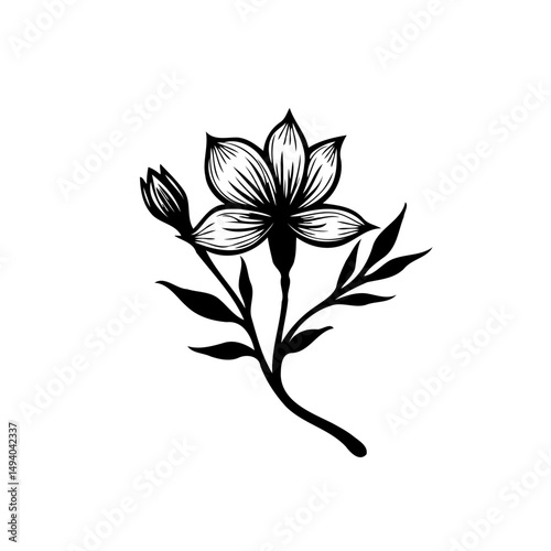 Elegant minimalist floral illustration with blooming flower and delicate leaves