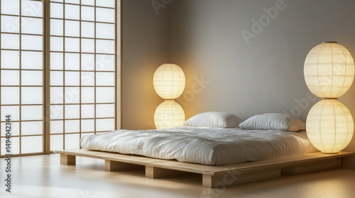 Minimalist bedroom with low platform bed and unique luminous spherical lamps on either side, traditional shoji screen, soft warm lighting creating calming atmosphere