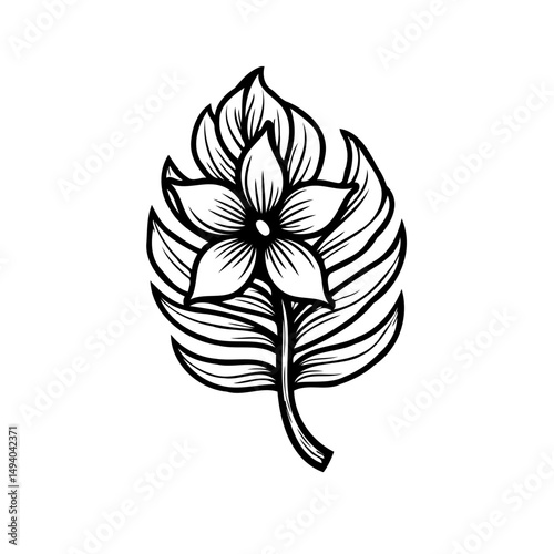 Elegant monochrome depiction featuring a flower nestled within stylized foliage design