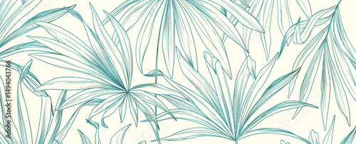 Abstract botanical art background with tropical plant leaves in white and blue with line elements.  Luxury banner with exotic plants for decoration, print, wallpaper, textile, packaging.
