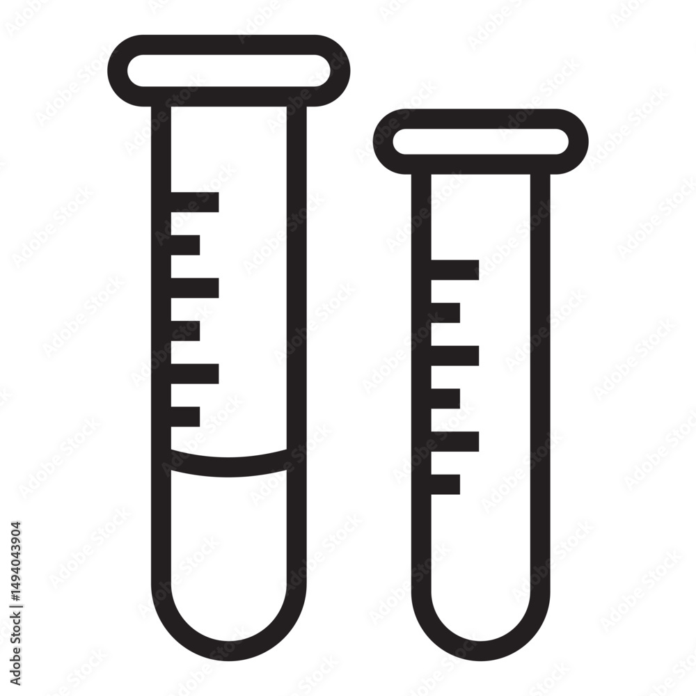 Black and white line art illustration of two laboratory test tubes with measurement marks, commonly used in scientific and medical experiments. Black and white line art illustration of two laboratory test tubes with measurement marks, commonly used in scientific and medical experiments.