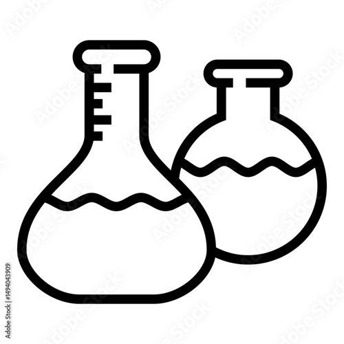 Simple black and white line illustration of two laboratory flasks partially filled with liquid, representing scientific research or chemical experimentation.