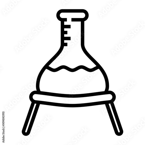 Black and white line drawing of a round-bottom laboratory flask filled with liquid, placed on a tripod stand, symbolizing a scientific experiment or chemistry setup.