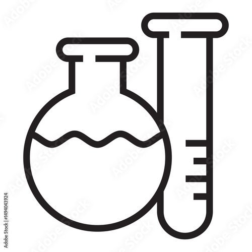 Black and white line icon depicting a test tube and a round-bottom flask filled with liquid, representing scientific equipment used in chemistry labs.