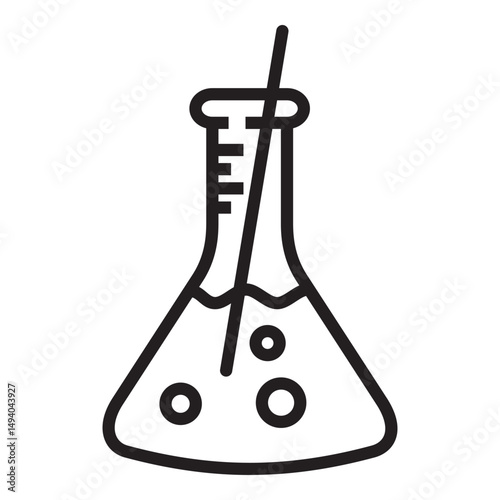 Simple black and white line art icon of a chemistry flask containing liquid with bubbles and a stirring rod, symbolizing scientific experiments or lab work.