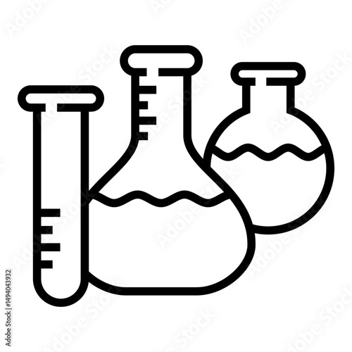 Black and white line icon of three different laboratory flasks and test tubes filled with liquid, representing scientific research and chemistry.