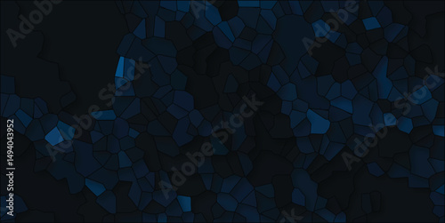 A dark mosaic design depicting an inverted 3d voronoi pattern with a stained glass effect and a deep blue color palette