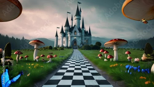 Alice in Wonderland theme poster, Fantasy Landscape with Mushrooms, Castle, Butterflies, and a Checkered Path. Magical Animation Footage, Background, created with generative ai