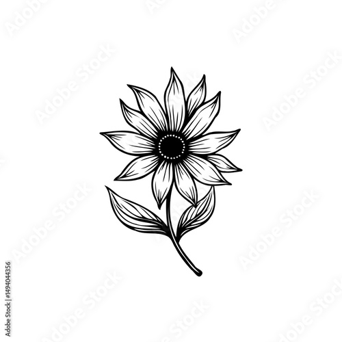 Elegant monochrome flower illustration, featuring delicate lines and botanical simplicity