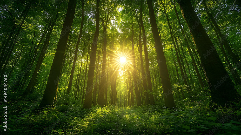 Fototapeta premium Lush forest pathway illuminated by sunlight.