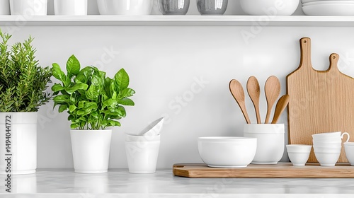 Modern Kitchen Still Life with Herbs and White Dishes photo