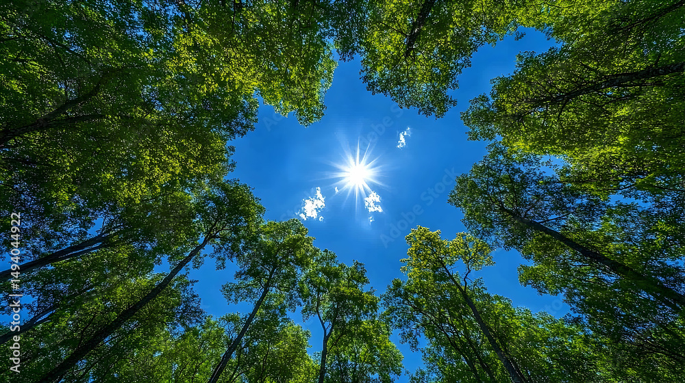 Fototapeta premium Lush forest canopy framing a brilliant sunlit sky.