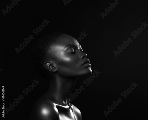 Woman with dark skin and high cheekbones, eyes closed, glowing natural complexion radiating effortless beauty, health, and wellness, showcasing skincare, serenity, and self-confidence photo