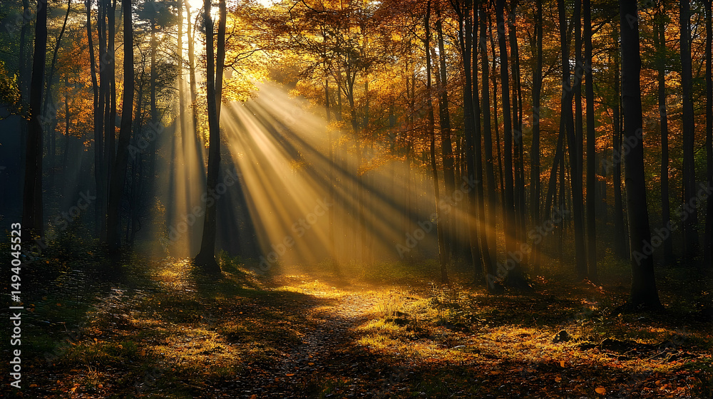 Fototapeta premium Sunlight beams through autumnal forest canopy.