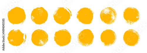Collection of yellow rough brush strokes. Artistic chinese or japanese calligraphy blots. Hand drawn texture grunge circles, round rough shapes. Vector seal and ink stamps. Yellow symbols of sun.