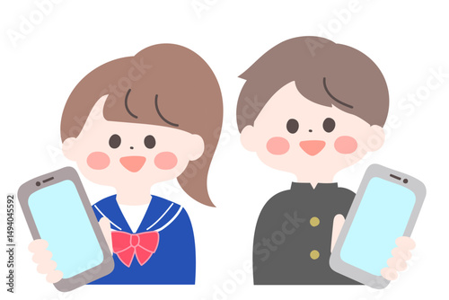 スマートフォンの画面を見せる中学生・高校生　手書きのイラスト　主線なし