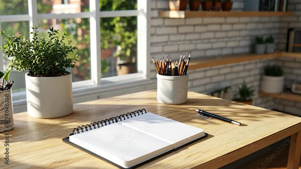 A bright interior scene showcases a wooden desk with art supplies and potted plants near a window letting in sunlight with a white brick wall