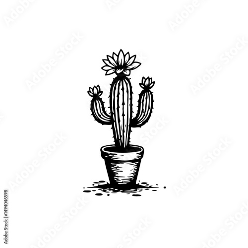 Blooming cactus in a pot drawing a minimalist desert flora icon illustration
