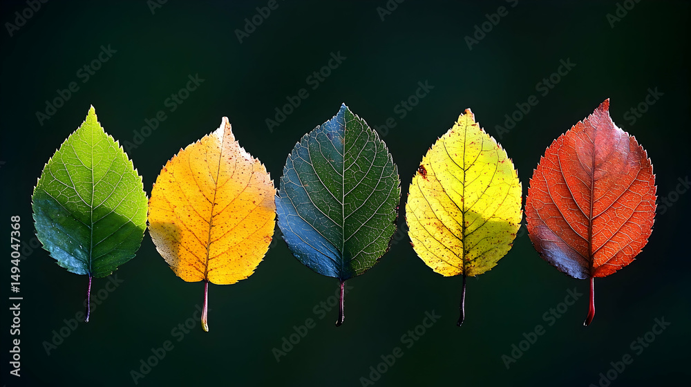 Obraz premium Five autumn leaves display vibrant colors against a dark backdrop.