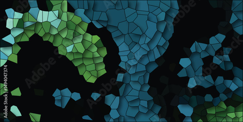 Abstract mosaic artwork showcasing vibrant green and blue geometric shapes over a dark background creating a visually appealing design