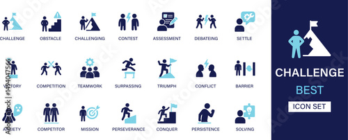 Challenge icon set collection. Obstacle, challenging, contest, assessment, debating, settle, victory, competition, teamwork, triumph and best solid icon set.