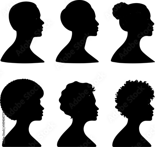 Black Female Silhouette Profile Set with Afro Hairstyles, Vector Portrait Collection