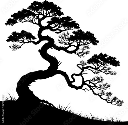 Curved Bonsai Tree Silhouette on Slope, Vector Illustration of Elegant Nature