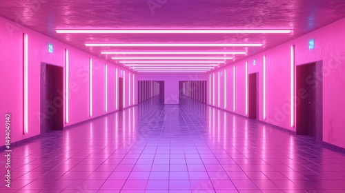 Pink-lit hallway with repeating doors, a dreamy scene
