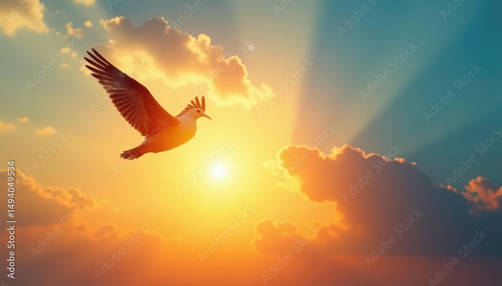 Obraz premium Silhouette of a bird in flight against a bright, expansive sky, symbolizing freedom , unbound, wind