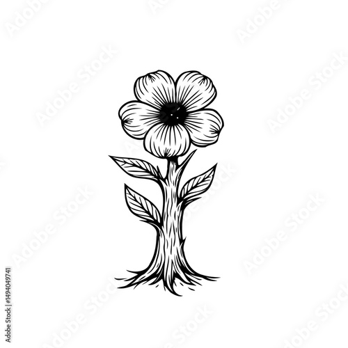 Monochrome botanical illustration of a singular flower with prominent petals