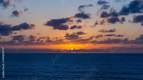 Serene Sunset Over Calm Pacific Ocean with Scenic Cloudscape in Vibrant Hues