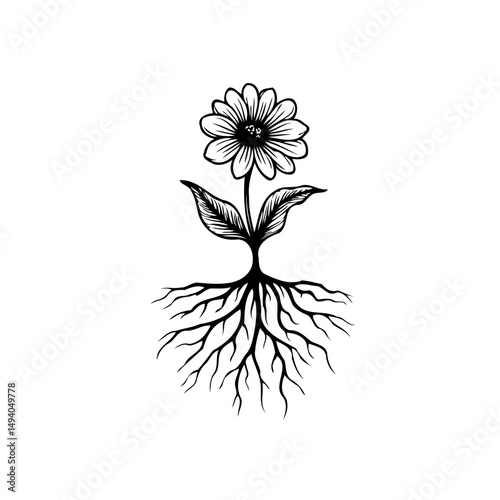 Monochrome botanical illustration showcasing a rooted flower on a white backdrop