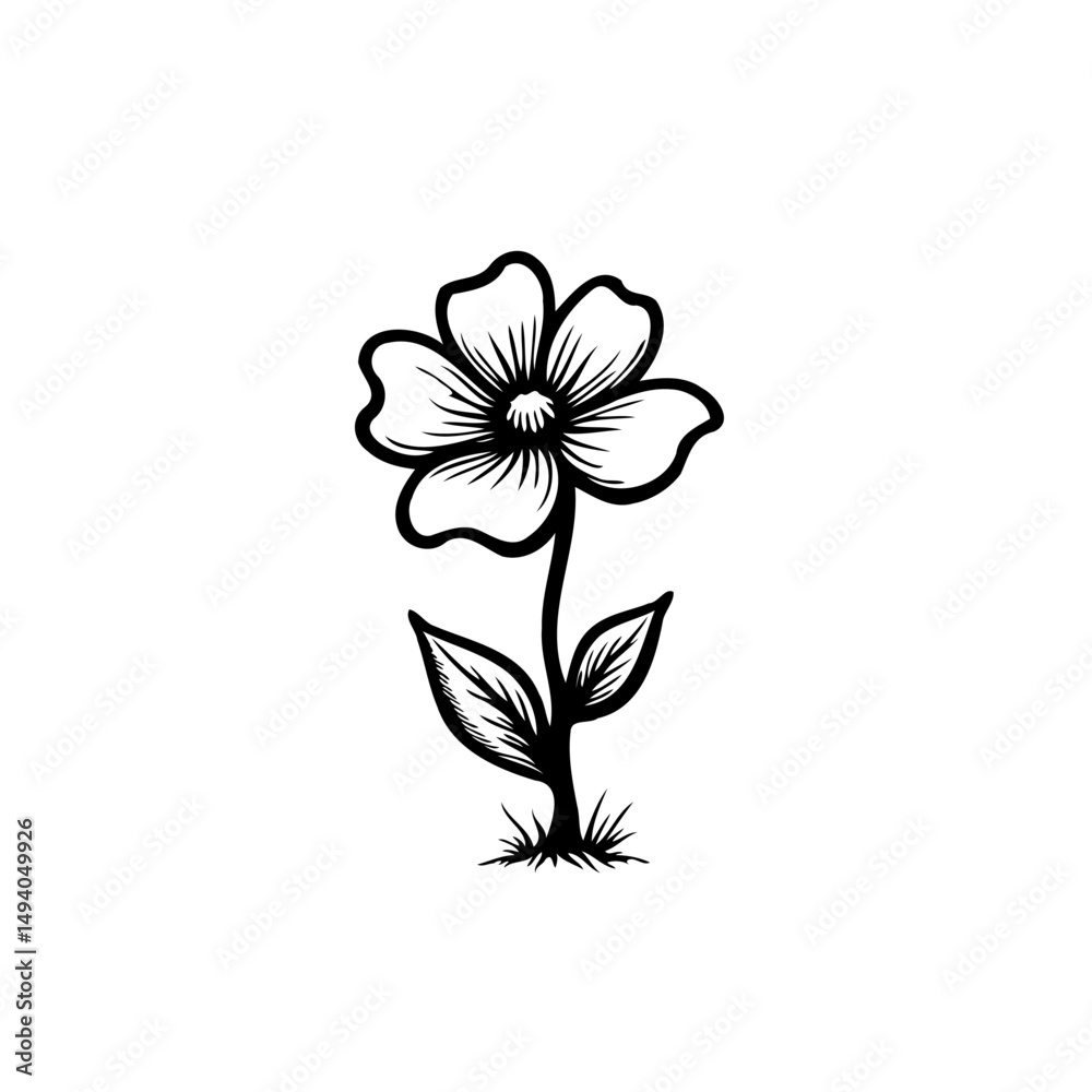 Elegant botanical illustration featuring a detailed black and white flower drawing