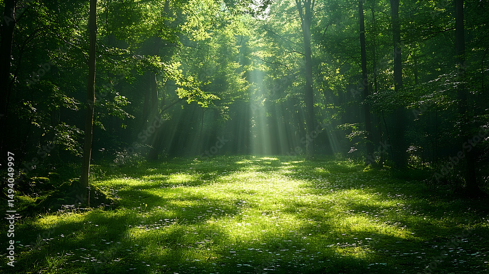 Obraz premium Sunlight beams through a dense forest canopy.