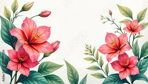 Vibrant floral illustration, painted flowers, botanical art  Delicate blossoms, lush leaves, artistic rendering ,  elegant,  surface