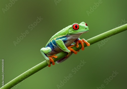Crimsoneyed tree frog clings to green stalk