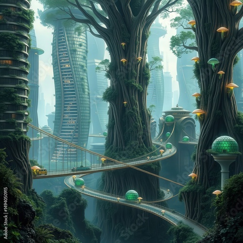 Eco-sustainable skyscrapers surrounded by vertical gardens and suspension bridges between giant trees in a utopian future green city