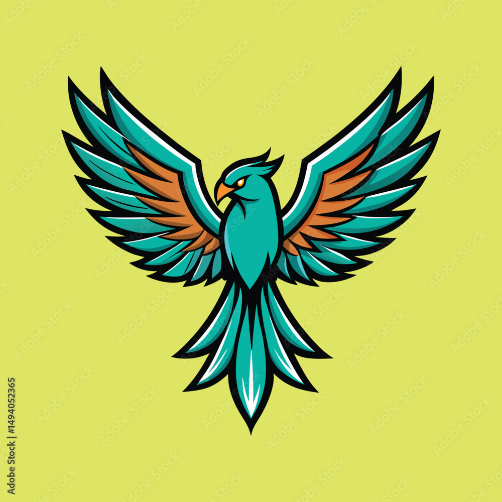 Obraz premium Stylized Teal Bird Logo with Wings Spread on a Yellow Background