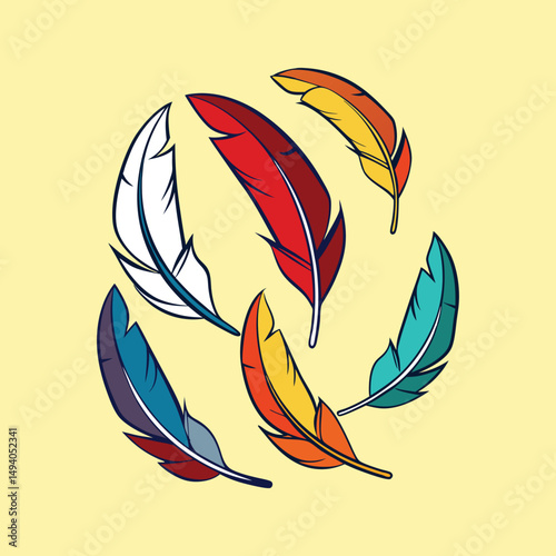 Collection of Stylized Feathers in an Artistic Arrangement on a Pale Yellow Background