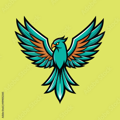 Stylized Teal Bird Logo with Wings Spread on a Yellow Background