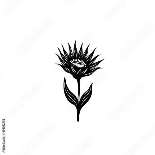 Abstract monochrome flower with stylized leaves, artistic design element