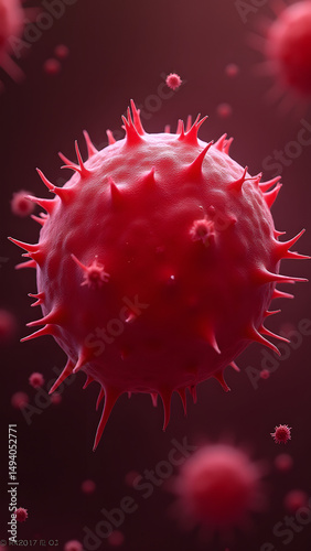 Textured rough-surface Vibrio in crimson red, spiky membrane details under microscope lighting, scientific 3D illustration.