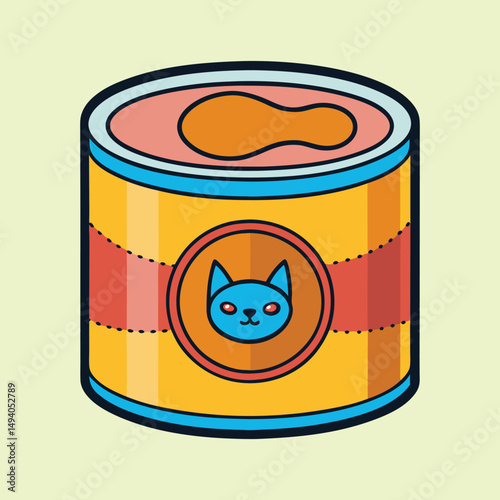 Stylized Can of Cat Food with Blue Feline Graphic Design Element