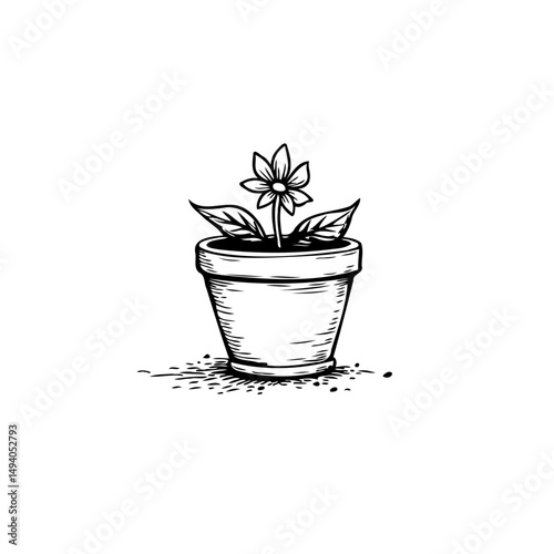 Simple monochrome illustration of a flower blooming in a ceramic flowerpot