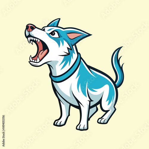 Cartoon illustration of an angry or barking blue and white puppy dog