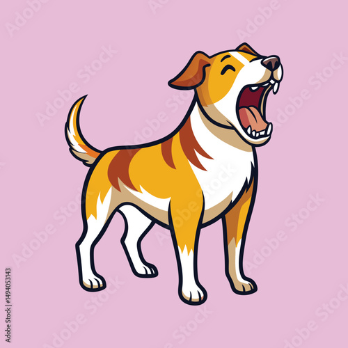 Cartoon dog yawning or barking on a light purple background illustration