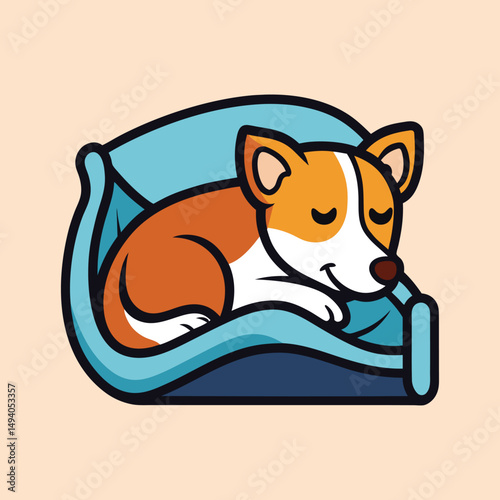 Stylized Vector Illustration of a Dog Sleeping Peacefully in a Dog Bed
