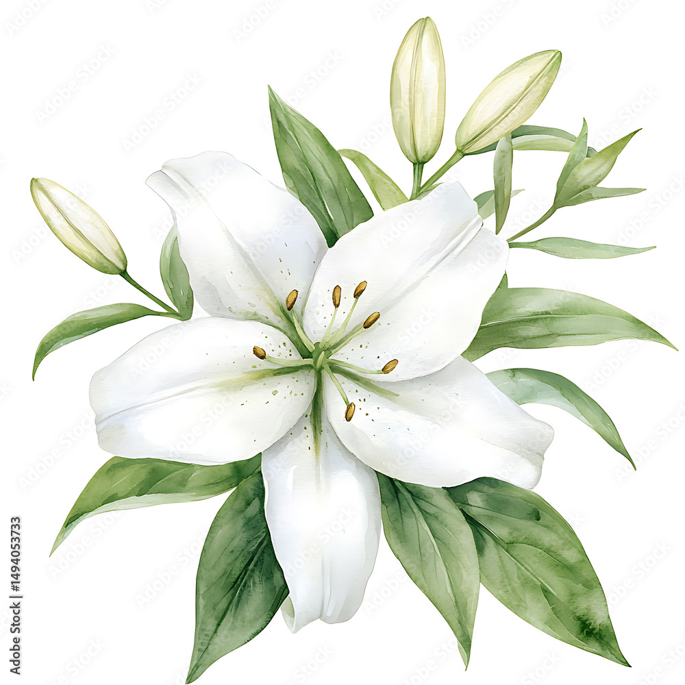 Beautiful watercolor illustration of white lily with green leaves and buds, conveying sense of elegance and tranquility Beautiful watercolor illustration of white lily with green leaves and buds, conveying sense of elegance and tranquility