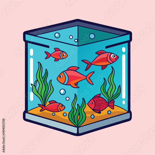 A colorful cartoon fish tank with a variety of small fish inside